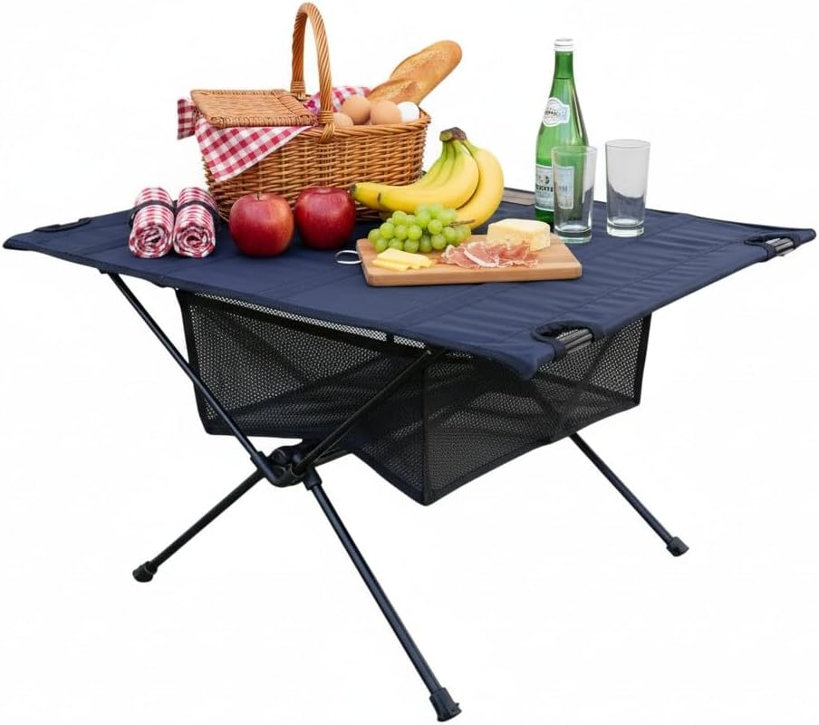 NACETURE Camping Table with Folding Legs and Mesh Storage Basket for Food, Coffee, or Camp Grill Accessories, Lightweight and Portable for Outdoor, Backpacking, Hiking, and Travel