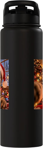Curious Cat Tangled in Colorful Christmas Tree Fairy Lights Stainless Steel Insulated Water Bottle