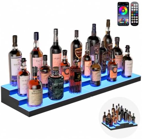 LED Illuminated Bar Bottle Display Rack, 3-Tier 32" Multi-Color Whiskey Rack, Tabletop Wine Rack Equipped with RF Remote Control and App Control Ideal Choice for Home Bar, Whiskey Lovers Gift