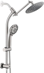Rainfall 8 Inch Round Shower Head with High Pressure Handheld Spray Combo, Drill-Free Slide Bar with Adjustable Shower Extension Arm, 3-Way Diverter for Easy Reach, 5Ft Hose- Brushed Nickel