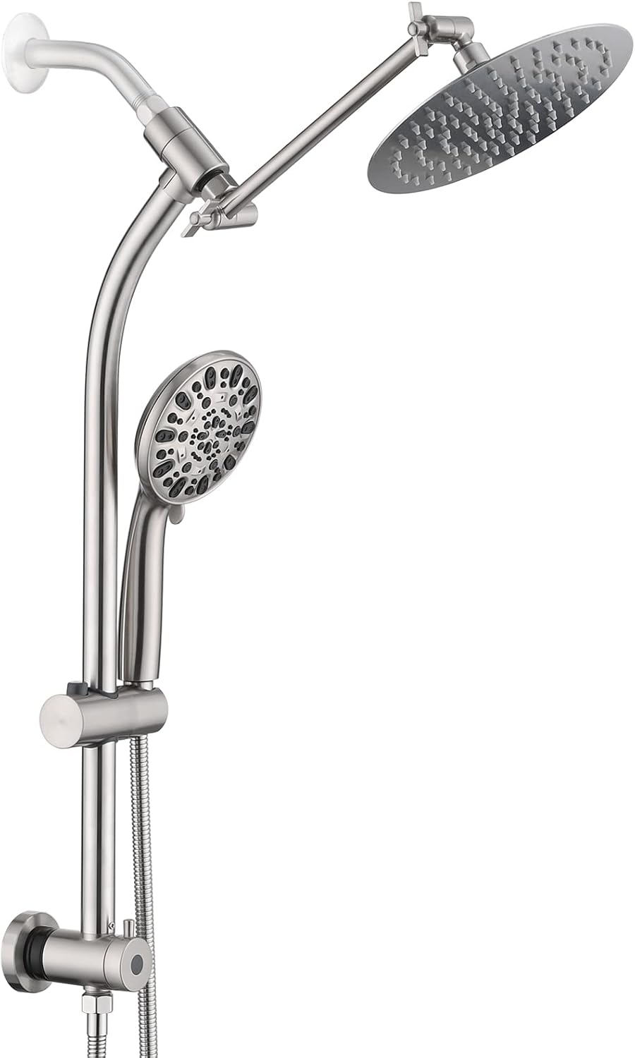 Rainfall 8 Inch Round Shower Head with High Pressure Handheld Spray Combo, Drill-Free Slide Bar with Adjustable Shower Extension Arm, 3-Way Diverter for Easy Reach, 5Ft Hose- Brushed Nickel
