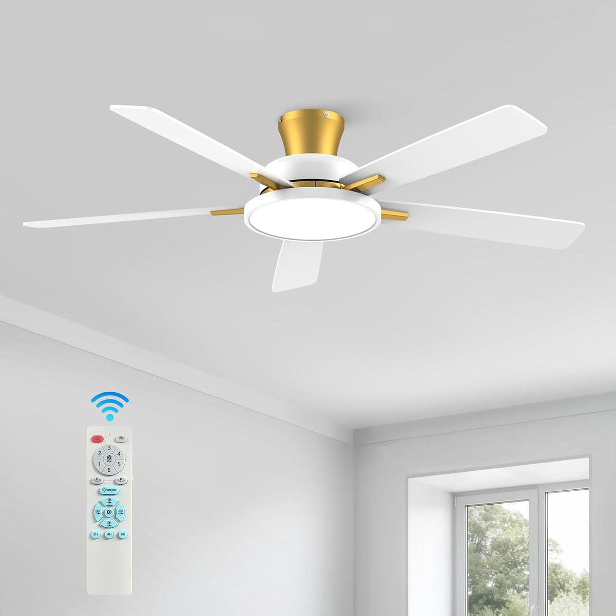 TALOYA 52 inch Ceiling Fans with Lights and Remote, Low Profile, White Gold