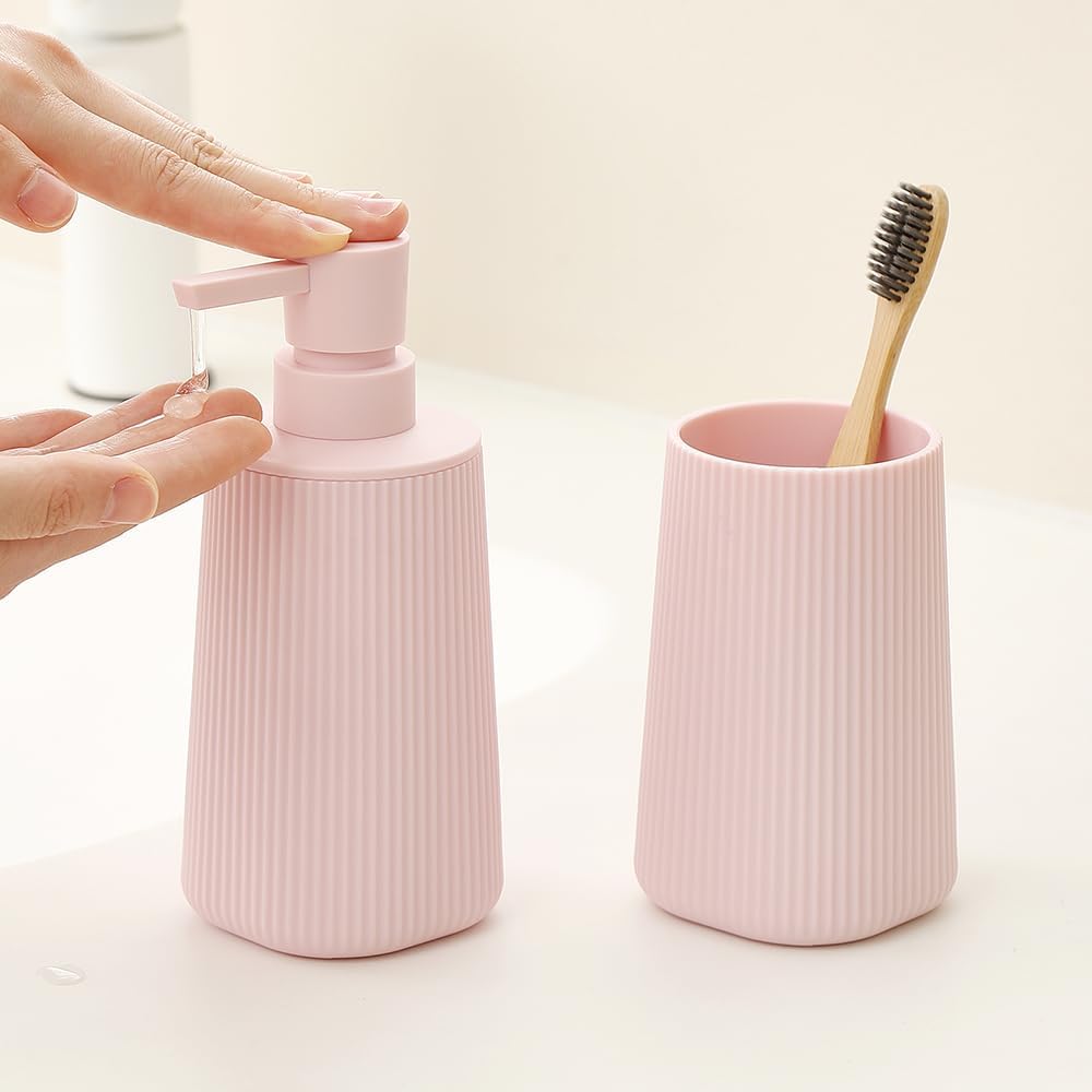 YAUKPH Bathroom Soap Dispenser and Toothbrush Holder Striped Pink