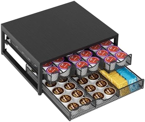 Coffee Pod Holder For Counter, 3 Pull-Out 72 K Cup Holder Drawer, Wooden Cafe Pods Storage Organizer with Sliding Drawers for Coffee Station, Home, Kitchen, Office, Dorm (Black)