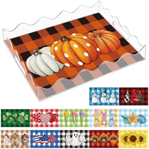 Zhehao Fall Pumpkin Scalloped Acrylic Tray with 7 Seasonal Interchangeable Mat 15.7 x 11.8 Inch Autumn Serving Tray Orange Pumpkin Home Decor for Fall Harvest Holiday Desk Gift