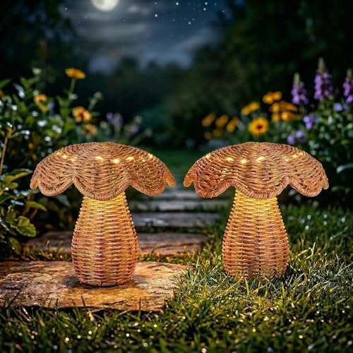 2 Pack Solar Mushroom Rattan Lanterns, 9’’ Handmade Wicker Lamp Mushroom Lights for Indoor Outdoor, Solar Outdoor Lamp Solar Lanterns for Table Deck Yard Patio Walkway Porch, Home Decor, Boho Decor