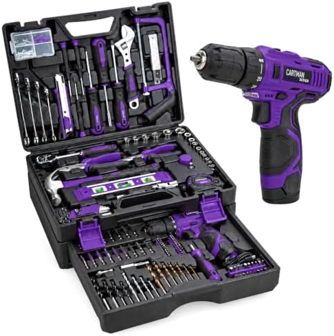 CARTMAN 260-Piece Tool Set With 12V Cordless Drill, Purple Drawer Tool Box