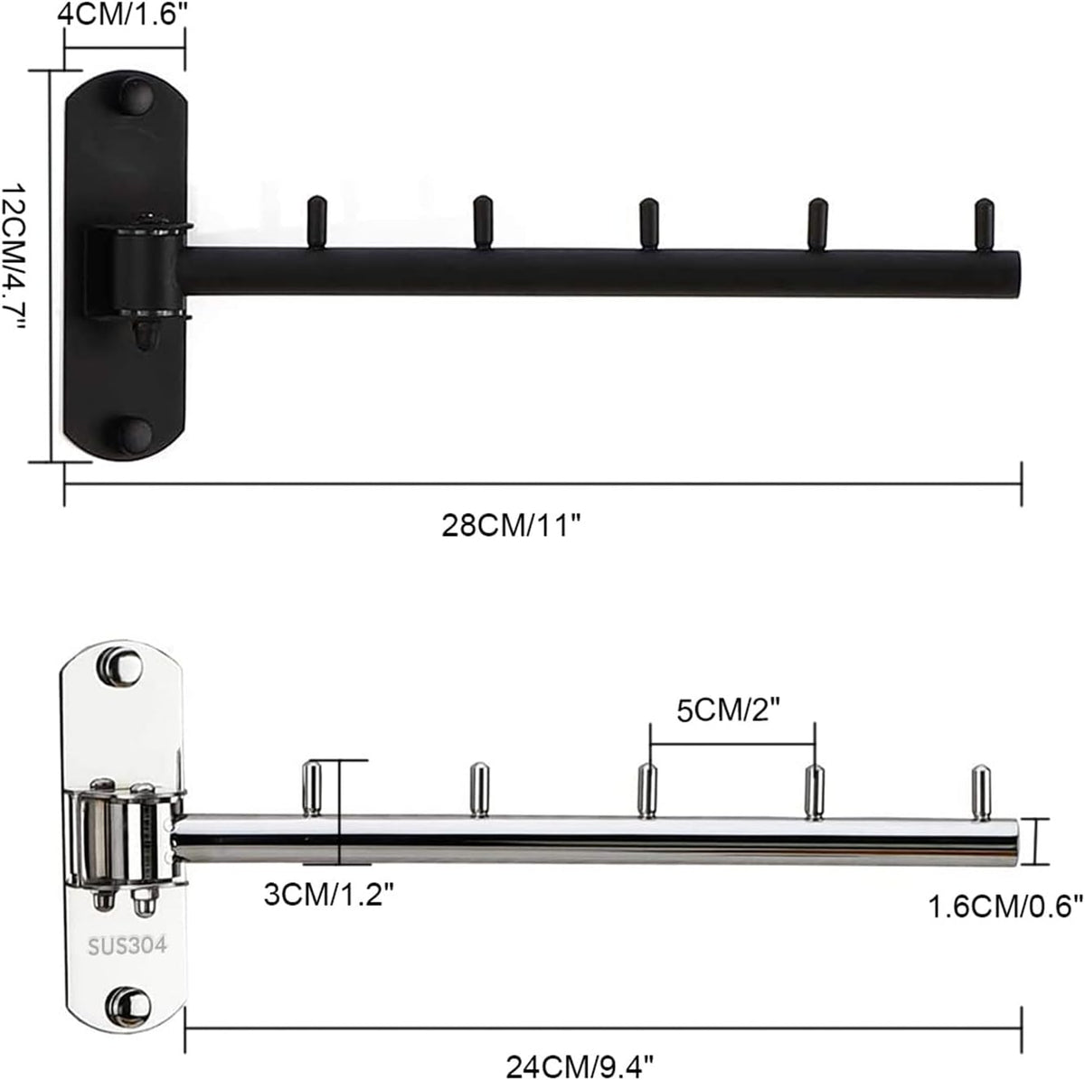 Folding Wall Mounted Clothes Hanger Rack with Swing Arm Stainless Steel Heavy Duty Coat Hook for Bathroom, Bedroom, Laundry Room - Black