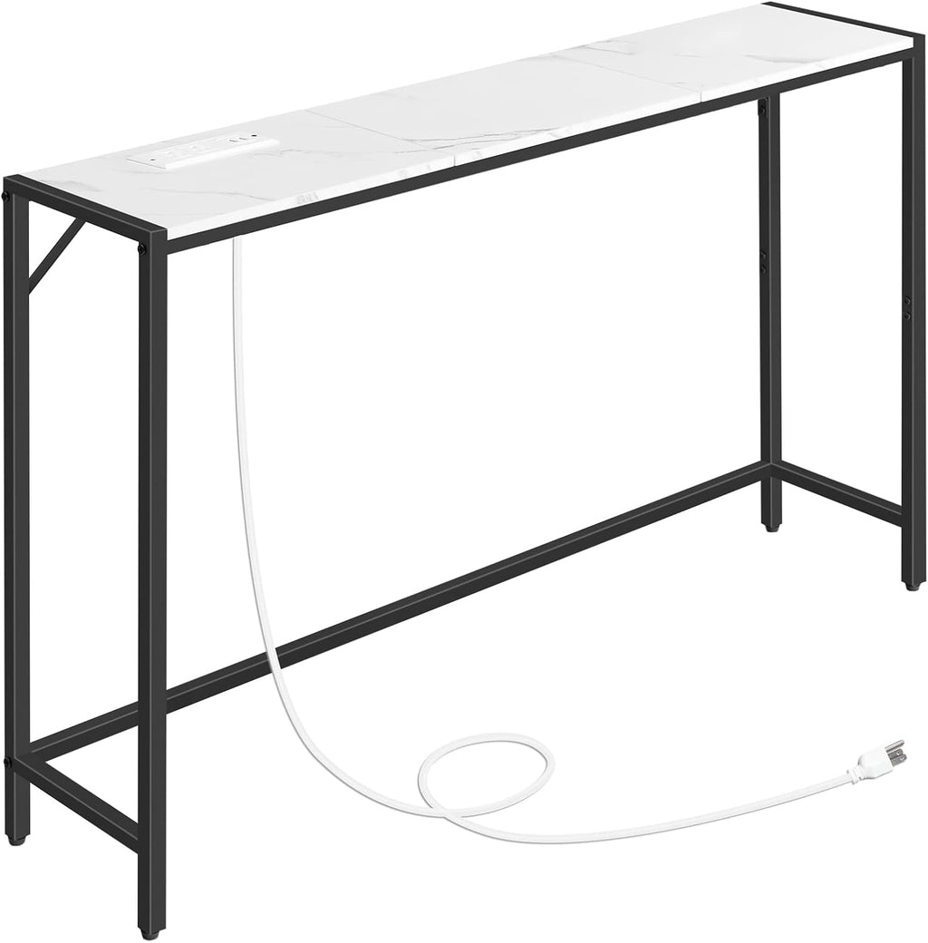 MAHANCRIS Narrow Console Table, 43.7" Sofa Table with Outlets, Marble&Black