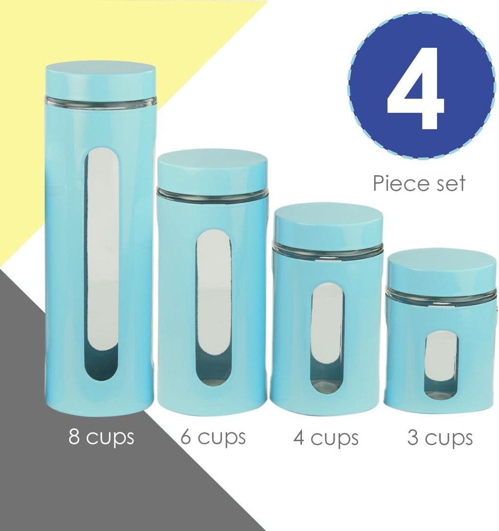 Kitchen Canisters Set For Countertop By Home Basics | Retro-Styled Canisters For Kitchen Counter | Stainless Steel and Glass, See-Through Windows (Turquoise), 4 Pieces