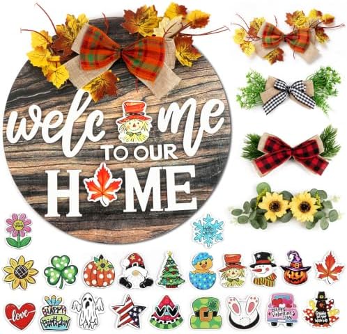 Interchangeable Welcome Sign Front Door with 4 Seasonal Wreaths & 21 Icons