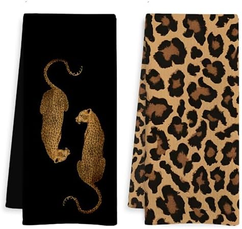 Trendy Leopard Print Kitchen Towels, Leopard Print Gifts for Women Dish Tea Towels, Maximalist Cheetah Decorative Hand Towel for Bathroom, 16x24 Inch Set of 2