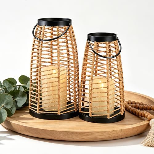 Rattan Boho Decorative Lanterns Outdoor Indoor Patio & Porch Table Decor