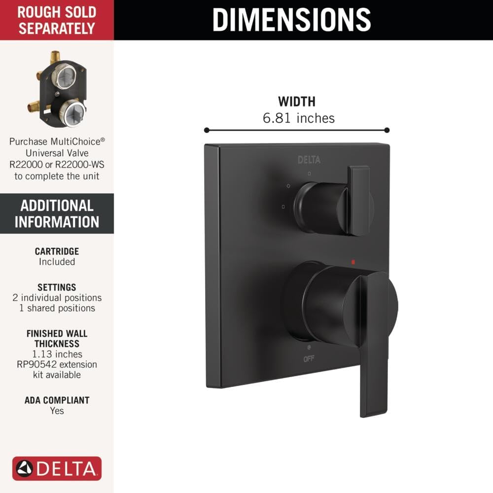 DELTA FAUCET T24867-BL Angular Modern Monitor 14 Series Valve 3-Setting Integrated Shower Trim with Diverter, Matte Black