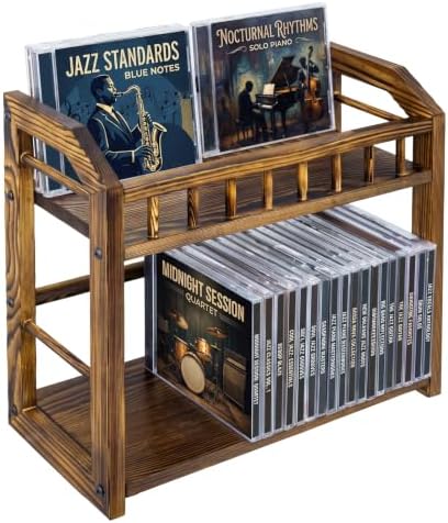 MyGift 2-Tier Solid Pine Wood CD Storage Rack – Dark Burnt Finish Desktop Organizer for 48 CDs, Rustic Space-Saving Media Display Shelf for Home and Office