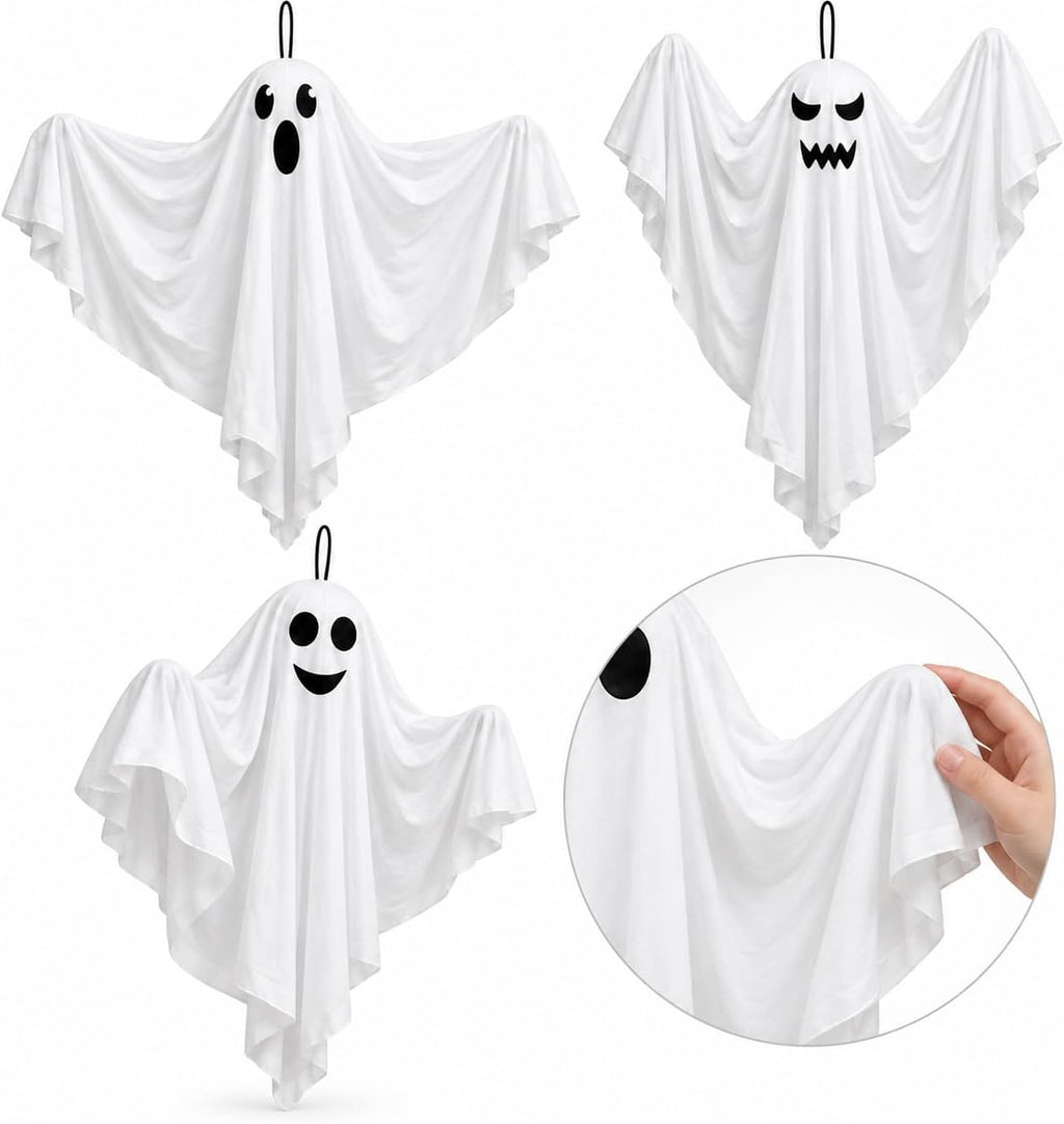 Kiddokids 4 Pack Halloween Hanging Ghost Decorations, 27.5'' Poseable White Ghosts with Bendable Arms for Front Porch, Yard Tree, Indoor Party and Haunted House Decor, Outdoor Entry Door Doorframe