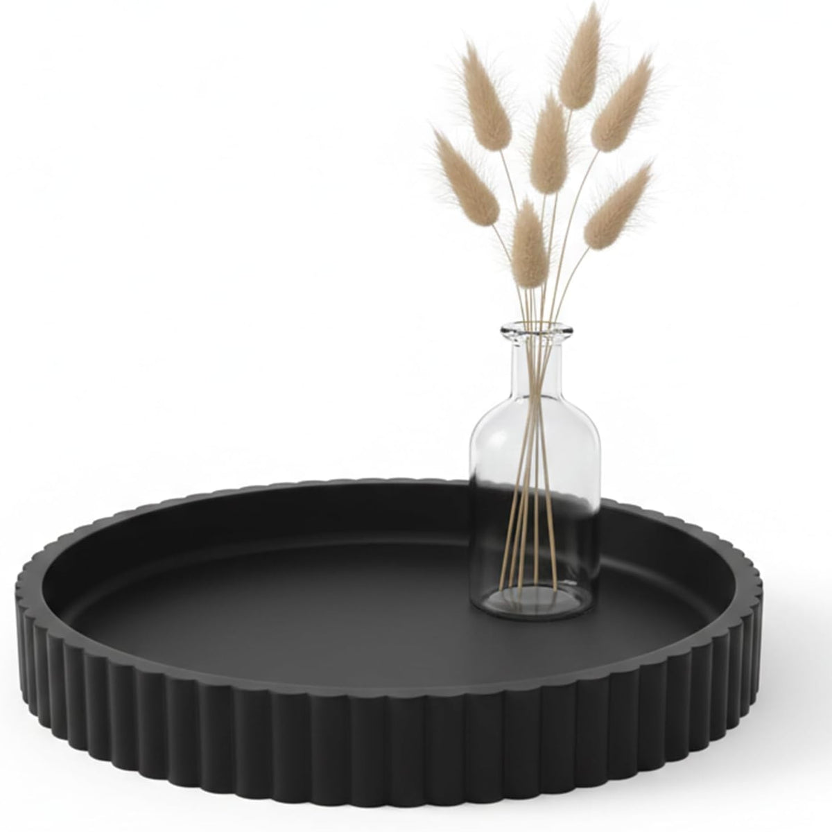 Round Solid Concrete Tray, Fluted Centerpiece for Coffee Table Decor 13"