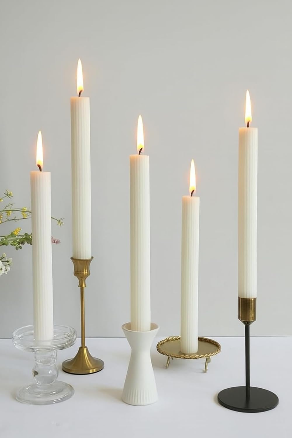 CW Studio 0.78x10 Inch Unscented Ribbed Taper Candles – Elegant Fluted Design, 11-Hour Burn, Dripless, Perfect for Home Decor, Weddings, Events & Dinners (24, White)