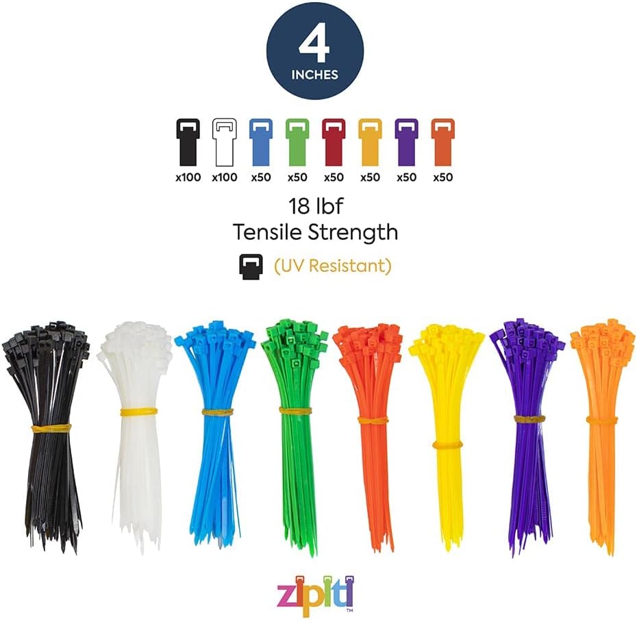 Zipiti 750 Pack Colored Zip Ties Cable Ties - Heavy Duty Multi-Purpose Nylon Cable Zip Tie - Assorted Lengths 4, 8, 11 -Self Locking Durable Cable Management Heavy Duty Tie Wraps for Home and Workshop