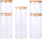 LEAVES AND TREES Y Stackable Kitchen Canisters Set, Pack of 5 Clear Glass Food Storage Jars Containers with Airtight Bamboo Lid for Candy, Cookie, Rice, Sugar, Flour, Pasta, Nuts
