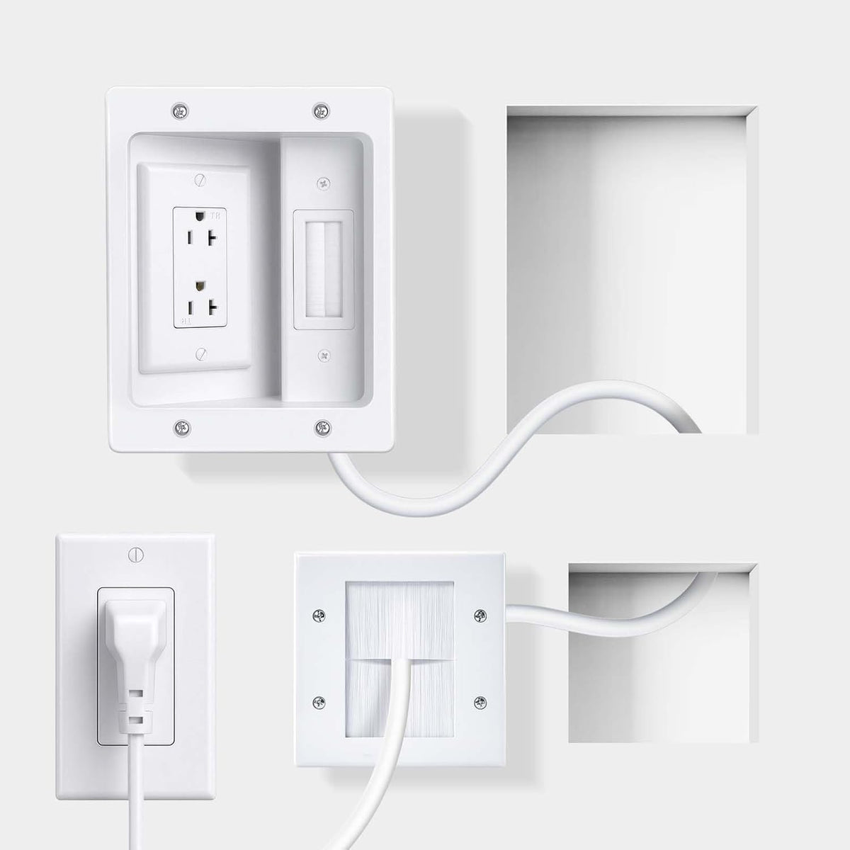 in wall Cable Management KKT with Triple Outlet, recessed Outlet with Brush Wall Plate, 9ft Cord, tv Cord Hider for Wall Mounted tv, for HDMI Cables and Home Theater Systems