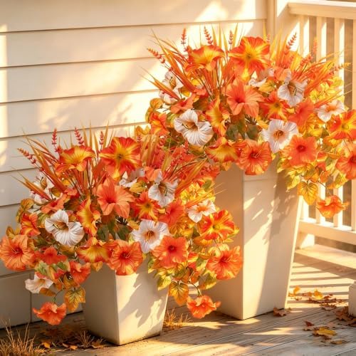 4 Pcs Large Artificial Fall Petunias Flowers with 4 Pcs Monkey Grass