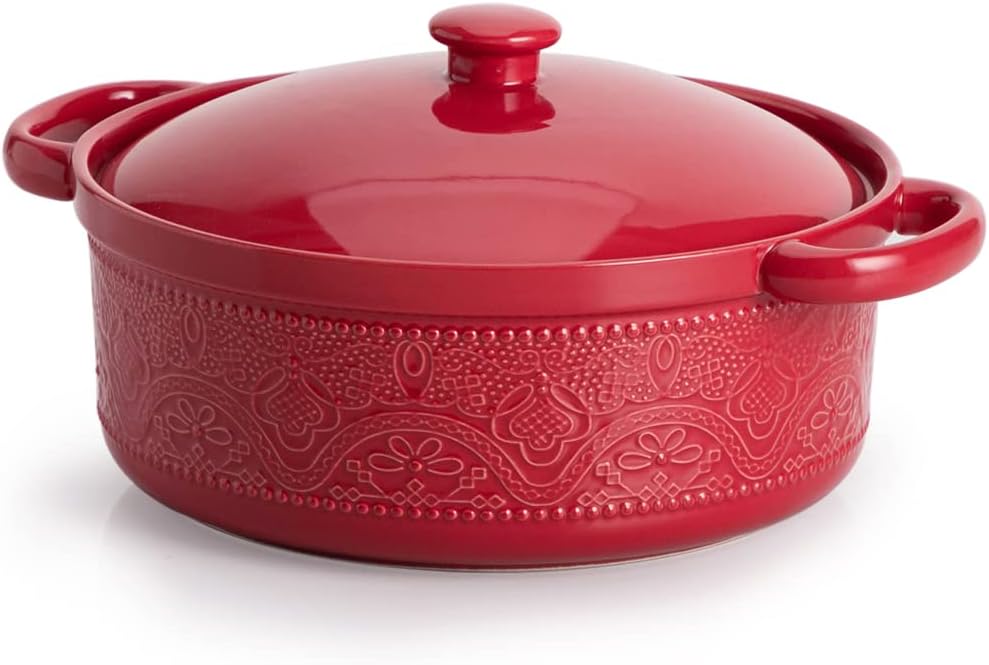 FE Casserole Dish with Lid, 2 Quart Ceramic Baking Dish, Christmas Red