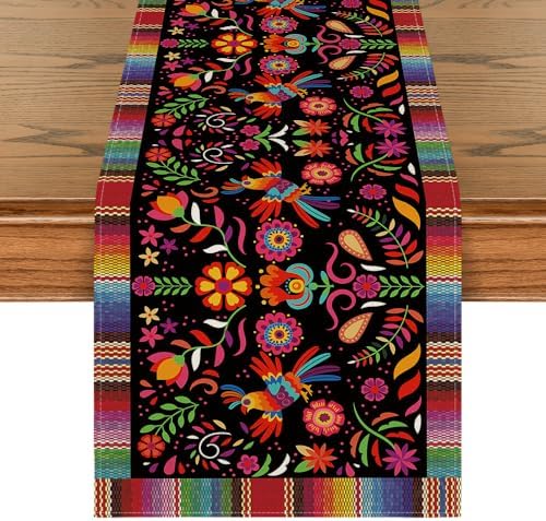 Artoid Mode Bird Dia De Los Muertos Serape Mexican Fiesta Table Runner, Cinco De Mayo Day of The Dead Kitchen Dining Table Decoration for Home Party Decor 13x120 Inch
