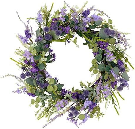 Puleo International 24" Artificial Echinops Floral Spring Door Wreath, Green/Purple