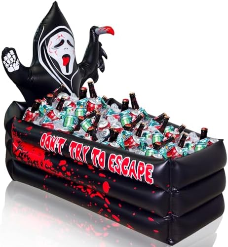 40 Inch Halloween Party Decorations Inflatable Cooler, 100+ Cans Halloween Party Supplies Large Capacity Scary Coffin Ghost Ice Bucket for Drink Beverage Holder, Halloween Decor for Outdoor Indoor