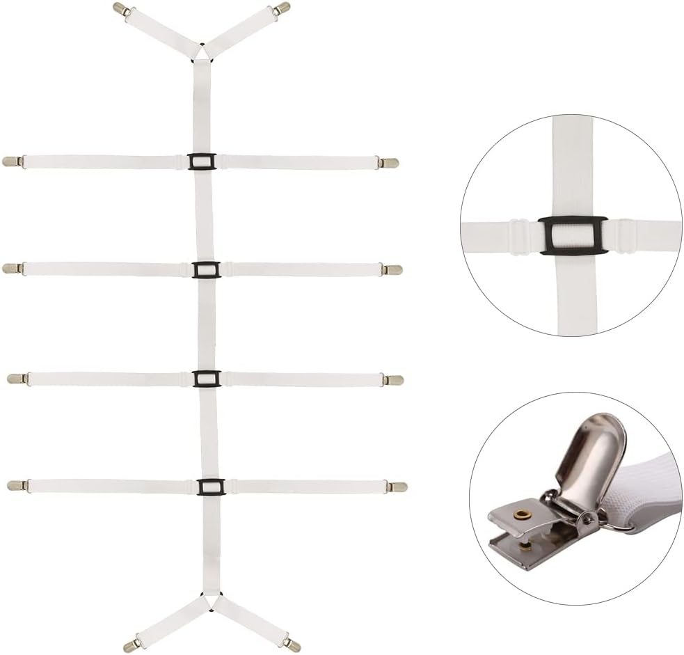 Bed Sheet Straps Adjustable, Mattress Holder,Elastic Bed Sheet Clips with Metal Clip for Bed Sheet, Mattress, Or Sofa(White)
