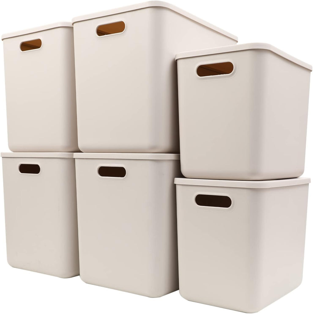 Yishyfier 26QT Plastic Storage Baskets With Lid Organizing Container Lidded Knit Storage Organizer Bins for Shelves Drawers Desktop Closet Playroom Classroom Office(4XL+2L, Light grey)