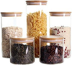 LEAVES AND TREES Y Stackable Kitchen Canisters Set, Pack of 5 Clear Glass Food Storage Jars Containers with Airtight Bamboo Lid for Candy, Cookie, Rice, Sugar, Flour, Pasta, Nuts