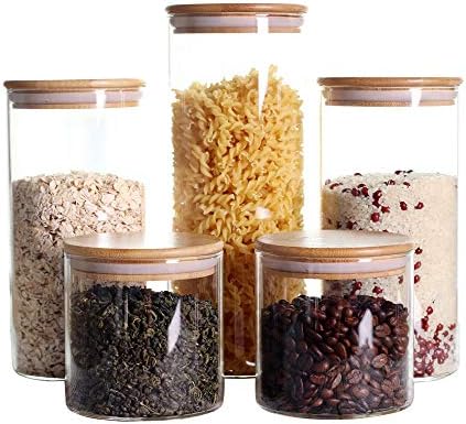 LEAVES AND TREES Y Stackable Kitchen Canisters Set, Pack of 5 Clear Glass Food Storage Jars Containers with Airtight Bamboo Lid for Candy, Cookie, Rice, Sugar, Flour, Pasta, Nuts