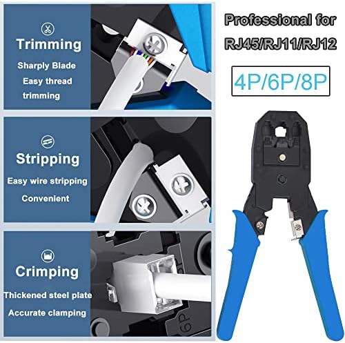 LEATBUY Network Crimp Tool Kit for RJ45/CAT5/CAT6, Professional Crimper Connector Stripper Cutter, Computer Maintenance Lan Cable Pliers Tester Ethernet Repair Set (Blue)