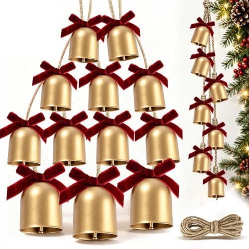 12 Pcs Gold Christmas Bells for Decoration, Rustic Metal Bells with Rope