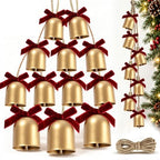 12 Pcs Gold Christmas Bells for Decoration, Rustic Metal Bells with Rope