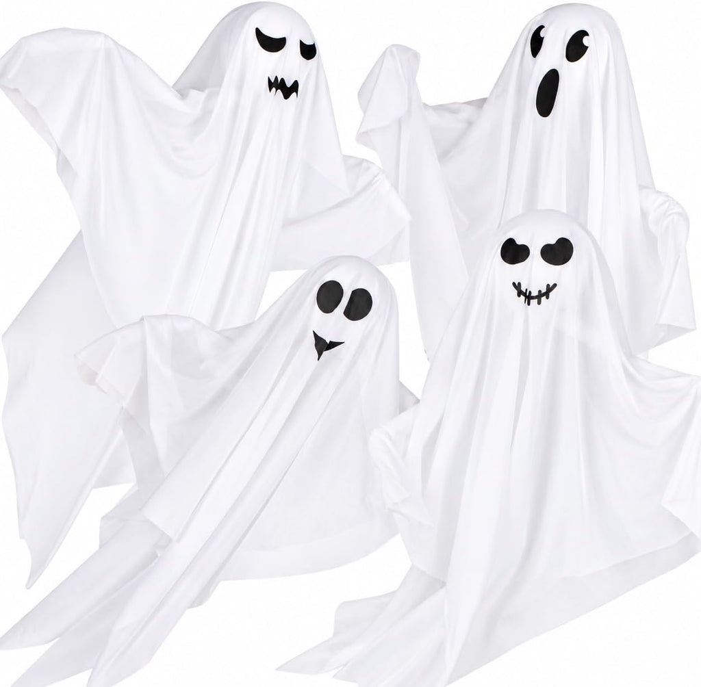 Kiddokids 4 Pack Halloween Hanging Ghost Decorations, 27.5'' Poseable White Ghosts with Bendable Arms for Front Porch, Yard Tree, Indoor Party and Haunted House Decor, Outdoor Entry Door Doorframe
