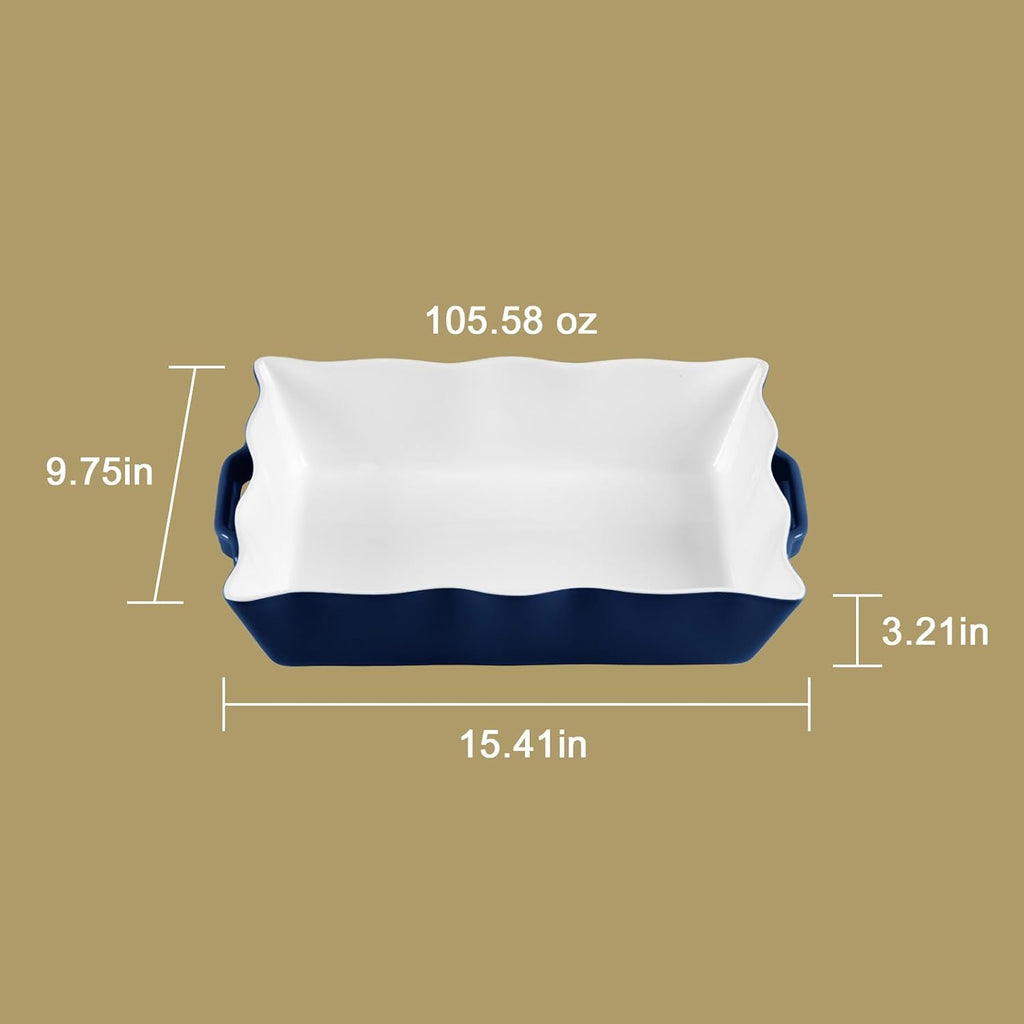 Sweejar Casserole Dishes for Oven, Ceramic Bakeware Set of 3, Rectangular Baking dish with Handles, Wave Edge Lasagna Pan Deep for Cooking, Cake, Dinner, Banquet and Daily Use (Baking dish(Set of 1), Navy)