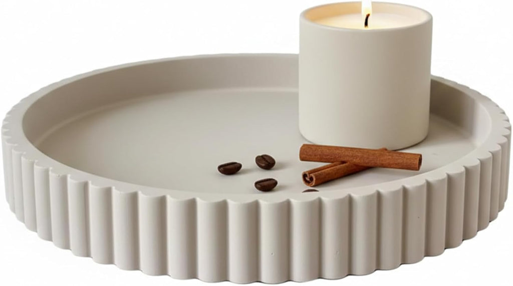 Round Solid Concrete Tray, Fluted Centerpiece for Coffee Table Decor 13"