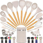 Kitchen Cooking Utensils Set, 26 Pcs Non-stick Silicone Kitchen Utensil Spatula Set with Wooden Handles, Silicone Kitchen Gadgets Utensil Set for Cookware(Khaki)