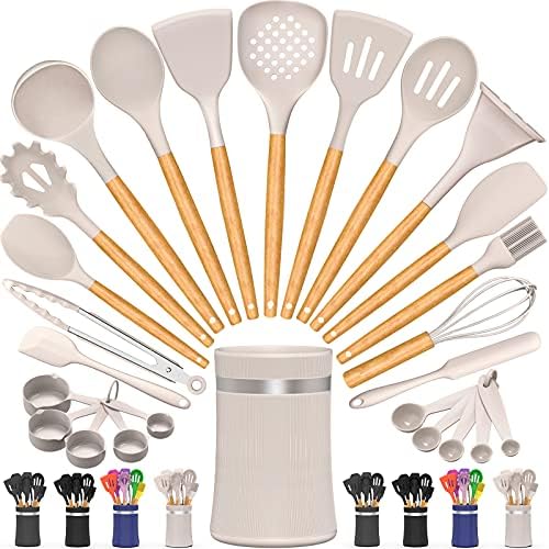 Kitchen Cooking Utensils Set, 26 Pcs Non-stick Silicone Kitchen Utensil Spatula Set with Wooden Handles, Silicone Kitchen Gadgets Utensil Set for Cookware(Khaki)