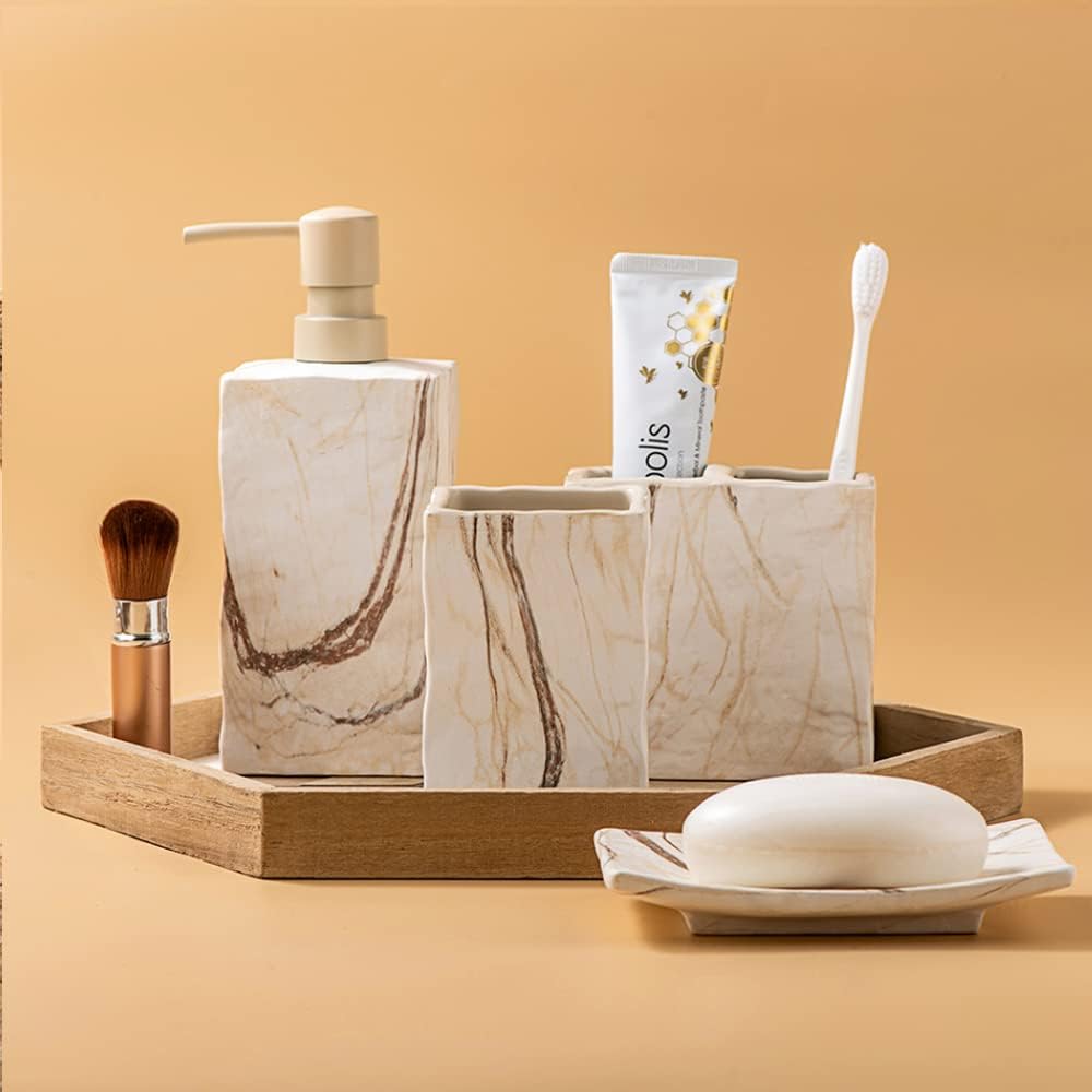 RQYIXI Ceramic Bathroom Accessories Set,Brown,4 Piece,Marble Design