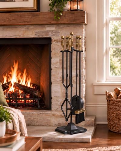 Antique Brass Fireplace Tools Set, Heavy-Duty Wrought Iron 5 Pcs