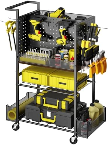 Tool Organizer Cart, 4-Tier with DIY Pegboards & Hooks & Storage Baskets