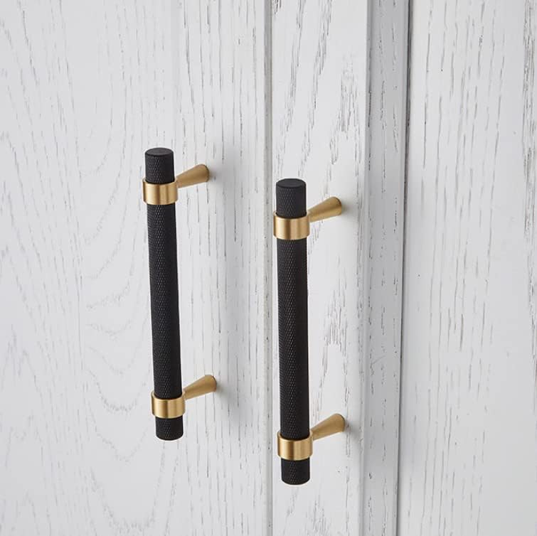 Set of 2 Solid Brass Cabinet Pulls 6.3 Inch (5 Inch Hole Centers) Gold Black Knurled Textured Cabinet Handles Brass Pulls for Dresser Door Drawer Hardware (2, Black Gold)