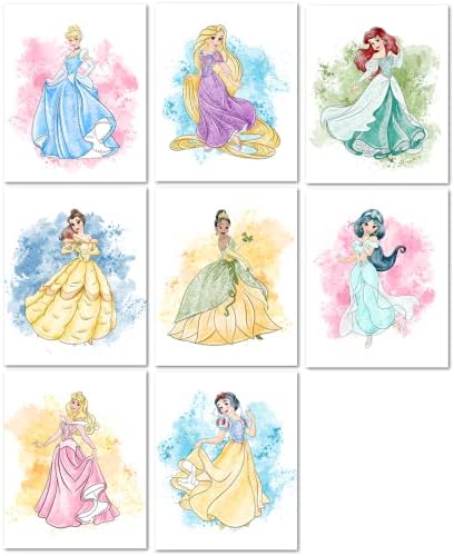 Nistio Princess Nursery Wall Art Prints, Ariel Nursery Poster, Newborn Gift, Cinderella Baby Room Decor For Girls, Princess Cinderella, Rapunzel, Ariel, Belle, Tiana, Jasmine, Set of 8 Prints, 8x10