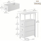 DALEMHOME Narrow End Table with Charging Station, Narrow Side Table with Drawer, Small Nightstand with LED Light, Skinny Nightstand, Small Bedside Table for Living Room, Bedroom, Couch, White