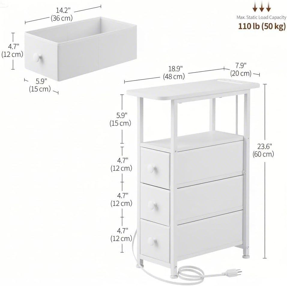 DALEMHOME Narrow End Table with Charging Station, Narrow Side Table with Drawer, Small Nightstand with LED Light, Skinny Nightstand, Small Bedside Table for Living Room, Bedroom, Couch, White