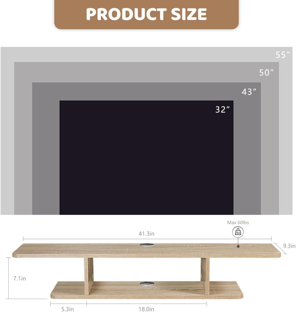 GHC Floating TV Stand, Wall Mounted Entertainment Center and Cabinet Shelf, TV Console with Storage, Media Console for DVD Player, Space-Saving Under TV Shelf for Bedroom, Living Room (Natural Oak)